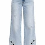 Pantaloni Wide-Leg Denim Albastru-Spălat cu Talie Înaltă, Distresări Discrete și Decupaje Florale Laser-Cut la Tivul Franjurat