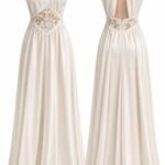 Rochie Lungă Alb-Ivoriu cu Guler Halter Drapat, Decupaje Translucide cu Dantelă Florală și Fustă Fluidă Plisată/Drapată