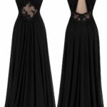 Rochie Lungă Negru-Abanos cu Guler Halter Drapat, Decupaje Translucide cu Dantelă Florală și Fustă Fluidă Plisată/Drapată