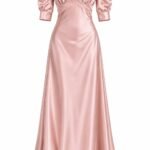 Rochie Lungă Roz-Pudrat / Dusty Rose din Satin Mătăsos cu Decolteu în V Adânc Conturat cu Dantelă, Mâneci Bufante Până la Cot și Fustă Fluidă Curgătoare