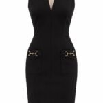 Rochie Midi Negru-Abanos din Crep Structurat fără Mâneci, cu Decupaj Keyhole, Buzunare Aplicate și Hardware Ecvestru Auriu