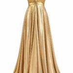 Rochie Lungă Auriu-Lichid / Liquid Gold cu Bretele Lanț Bijuterie, Decolteu Adânc în V, Bust Fasonat Anatomic și Fustă Amplă Curgătoare