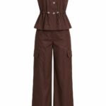 Set 2 Piese Maro-Ciocolatiu / Espresso din Bumbac Tehnic Structurat format din Vestă Utility Cu Șnur în Talie și Peplum, cu Pantaloni Wide-Leg Cargo