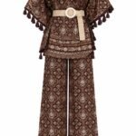 Set 2 Piese Maro-Ciocolatiu / Espresso cu Imprimeu Neo-Baroc Damasc, Mâneci Kimono Franjurate și Pantaloni Wide-Leg (Cureaua cu cataramă texturată nu este inclusă)