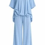 Set 2 Piese Albastru-Seren din Trikotaj Mătăsos Ribbbed format din Bluză Supradimensionată cu Drapaj-Bubbly și Pantaloni Lerg-Wide Lerg