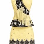 Set 2 Piese Galben-Unt din Crep Structurat format din Vestă Peplum cu Îcrucișare Diagonală, Franjuri Curgătoare și Fustă Conică cu Bordură Folk-Paisley