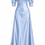 Rochie Lungă Albastru-Seren / Sky Blue din Satin Mătăsos cu Decolteu în V Adânc Conturat cu Dantelă, Mâneci Bufante Până la Cot și Fustă Fluidă Curgătoare
