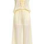 Set 2 Piese Galben-Unt  format din Bluză Fără Mâneci cu Guler Ruche în V și Pantaloni Wide-Leg cu Șnur în Talie