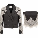 Set Arhitectural din Sacou Cropped Dublu-Rând și Bustieră cu Inserții Bogate de Dantelă Ecru / Ivory