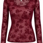 Bluză Sheer Din Mesh Burgund / Wine Red cu Imprimeu Floral Flocked și Guler Rotunjit (Scoop Neck)