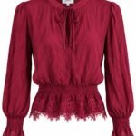 Bluză Fluidă cu Guler Șliț și Șiret, Talie Smocked și Bordură din Dantelă Brodată în Nuanță Burgund / Wine Red (phul)