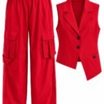 Set Coordonat Utilitar-Chic din Crep/Țesătură Tehnică în Nuanță Roșu Vibrant / Carmin cu Vestă Asimetrică și Pantaloni Cargo
