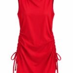 Rochie-Tunică Arhitecturală Fără Mâneci din Jerseu Roșu Vibrant / Carmin cu Guler Cowl și Șnururi Laterale Drapate