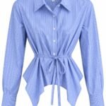Cămașă Arhitecturală Tailored-Pinstripe cu Cordon și Tiv Asimetric în Nuanță Albastru-Periwinkle