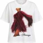 Tricou Oversized din Bumbac Alb cu Imprimeu Editorial „Divine Plumage” și Vesta Statement în Ton Burgund