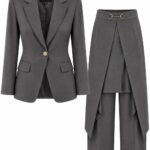 Set Coordonat Arhitectural din Sacou Tailored cu Un Singur Nasture Auriu și Pantaloni cu Panou Drapat Asimetric / Skort-Overlay în Nuanță Gri-Porțelan (Babylon Italia)