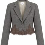 Sacou Cropped Arhitectural din Țesătură Carouris Glen/Plaid cu Bordură Brodată din Dantelă în Nuanță Pământiu/Maro