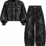 Set Coordonat Statement Din Denim Spălat cu Imprimeu Floral Brodat/Flocked, Jachetă Cropped cu Mâneci Voluminoase și Pantaloni Balloon