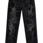 Pantaloni Statement din Denim Spălat cu Imprimeu Floral Brodat/Flocked, Croială Dreaptă-Relaxată și Accesorizare Mini-Pin