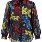Cămașă Arhitecturală Translucidă cu Imprimeu Floral Baroc/Flocked Policolor (Roșu Carmin, Galben Solar, Albastru Regal) pe Bază Neagră