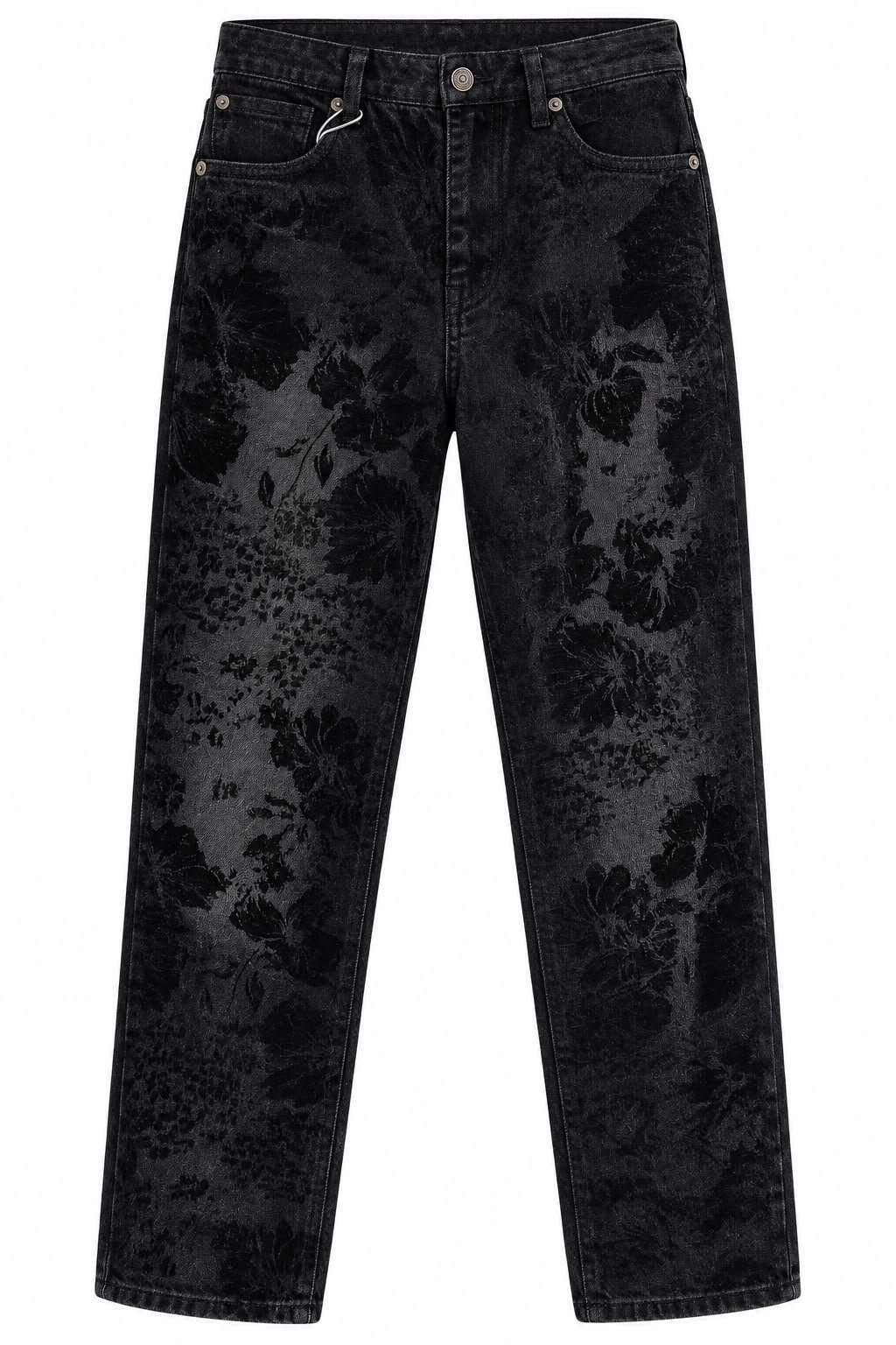 WhatsApp Image 2026-09-14 at 08.41.33 Pantaloni Statement din Denim Spălat cu Imprimeu Floral Brodat/Flocked, Croială Dreaptă-Relaxată și Accesorizare Mini-Pin - imagine 1