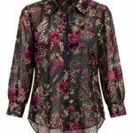 Cămașă Arhitecturală Translucidă cu Imprimeu Floral Baroc/Flocked Magenta și Frunze Bej-Pământiu pe Bază Neagră