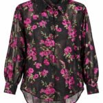 Cămașă Arhitecturală Translucidă cu Imprimeu Floral Baroc/Flocked Magenta și Frunze Olive pe Bază Neagră