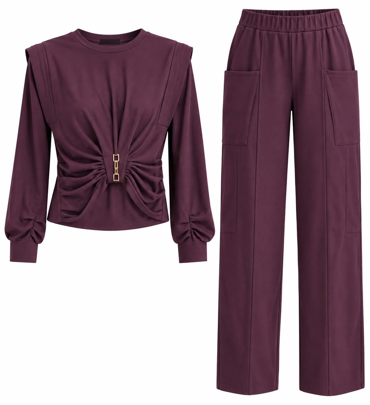 WhatsApp Image 2026-09-14 at 08.41.56 (1) Set Coordonat Utilitar-Chic din Jerseu/Crep în Nuanță Plum / Burgund-Violet cu Inserții Arhitecturale - imagine 1