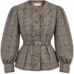 Jachetă-Statement Arhitecturală din Tweed Caroat în Tonuri Pământii/Bej-Cafeniu cu Cordon și Mâneci Puff