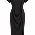 Rochie Midi Arhitecturală Asimetrică Drapată cu Mâneci Cloș în Nuanță Negru-Abanos (Sandro Ferrone)