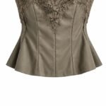 Top Bustier Peplum Arhitectural cu Insert V-Cut din Dantelă Neo-Baroc în Nuanță Warm Sand / Taupe-Bej Nisip