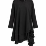 Rochie Midi Arhitecturală Asimetrică cu Volane Plisate în Nuanță Negru-Abanos