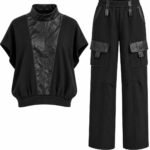 Ansamblu Arhitectural Two-Piece (Top cu Guler Înalt și Inserție Centrală din Piele + Pantaloni Utility Cargo) în Nuanță Negru-Abanos