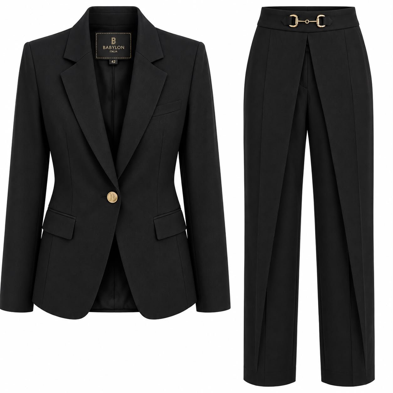 WhatsApp Image 2026-09-15 at 00.41.03 Set Coordonat Arhitectural din Sacou Tailored cu Un Singur Nasture Auriu și Pantaloni cu Panou Drapat Asimetric / Skort-Overlay în Nuanță Negru-Abanos (Babylon Italia) - imagine 1