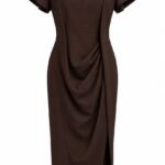 Rochie Midi Arhitecturală Asimetrică Drapată cu Mâneci Cloș în Nuanță Brun-Abanos / Ciocolatier (Sandro Ferrone)