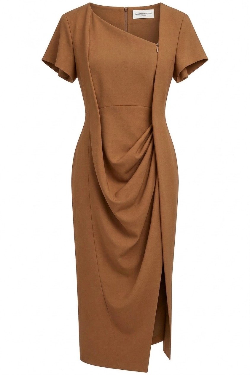 WhatsApp Image 2026-09-15 at 03.08.27 Rochie Midi Arhitecturală Asimetrică Drapată cu Mâneci Cloș în Nuanță Warm Sand / Caramel (Sandro Ferrone) - imagine 1
