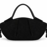 Geantă Arhitecturală Semilună din Piele Întoarsă / Suede cu Mânere Arcuite și Noduri Laterale în Nuanță Negru-Abanos