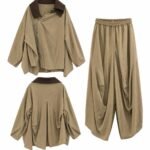 Costum Arhitectural Avangardist Two-Piece din Jachetă Asimetrică cu Guler Contrastant și Pantaloni Dropped-Crotch în Nuanță Warm Sand / Maro Abanos