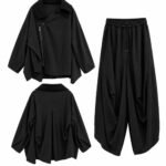 Costum Arhitectural Avangardist Two-Piece din Jachetă Asimetrică și Pantaloni Dropped-Crotch în Nuanță Negru-Abanos