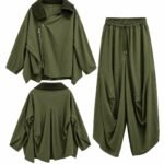 Costum Arhitectural Avangardist Two-Piece din Jachetă Asimetrică cu Guler Contrastant și Pantaloni Dropped-Crotch în Nuanță Verde Lime / Verde Măsliniu