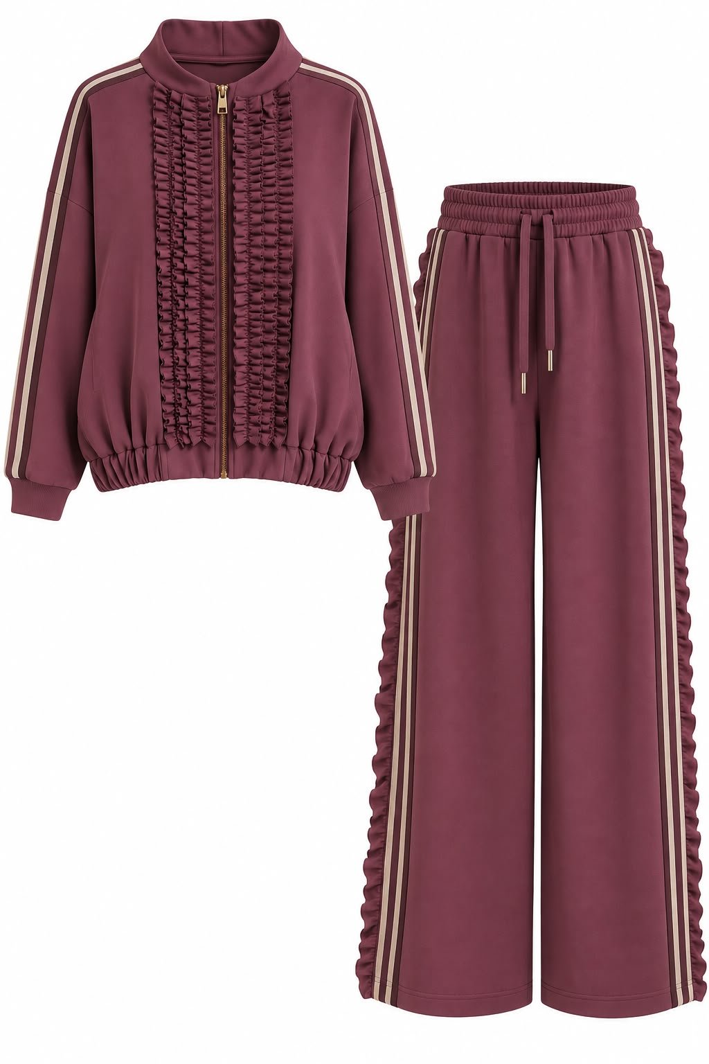 WhatsApp Image 2026-09-15 at 07.38.11 (1) Costum Arhitectural Sport-Chic Two-Piece din Jachetă cu Volane și Pantaloni Asortați în Nuanță Burgund / Carmin - imagine 1