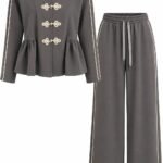 Costum Arhitectural Sport-Chic Two-Piece din Jachetă cu Noduri Chinezești și Pantaloni Asortați în Nuanță Gri Cărbune