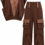 Costum Arhitectural Sport-Chic Two-Piece din Bluză Fără Mâneci și Pantaloni Cargo Asortați în Nuanță Brun Ciocolatiu
