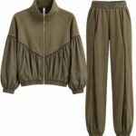 Costum Arhitectural Sport-Chic Two-Piece din Jachetă cu Fermoar și Pantaloni Asortați în Nuanță Verde Militar / Olive Drab