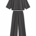 Costum Arhitectural Minimalist Two-Piece din Bluză Lejeră și Pantaloni Larga Asortați în Nuanță Gri Cărbune / Abanos