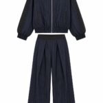 Costum Arhitectural Sport-Chic Two-Piece din Jachetă Pinstripe și Pantaloni Larga Asortați în Nuanță Bleumarin / Abanos