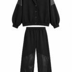 Costum Arhitectural Sport-Chic Two-Piece din Cardigan cu Rever Șal și Pantaloni Asortați cu Inserții din Piele în Nuanță Negru-Abanos