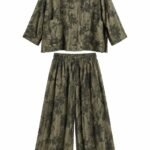 Costum Arhitectural Elegant Two-Piece din Cămașă Lejeră cu Imprimeu Floral și Pantaloni Larga Asortați în Nuanță Verde Lime / Verde Măsliniu