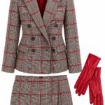 Costum Arhitectural Tailored Two-Piece din Sacou Plaid cu Imprimeu în Carouri și Fustă Petrecută, Accesorizat cu Mănuși din Piele în Nuanță Bej Nisip și Carmin