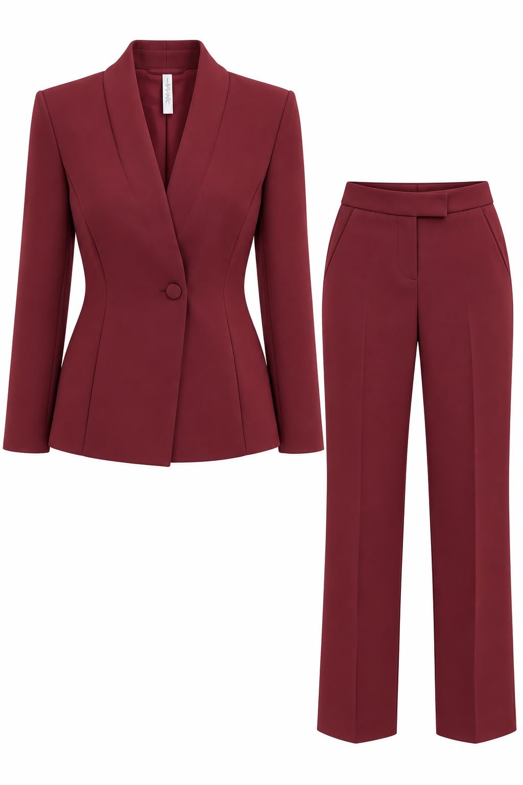WhatsApp Image 2026-09-16 at 04.05.02 (1) Costum Arhitectural Tailored Two-Piece din Sacou cu Guler Șal și Pantaloni Drepți Asortați în Nuanță Roșu Carmin / Burgund - imagine 1